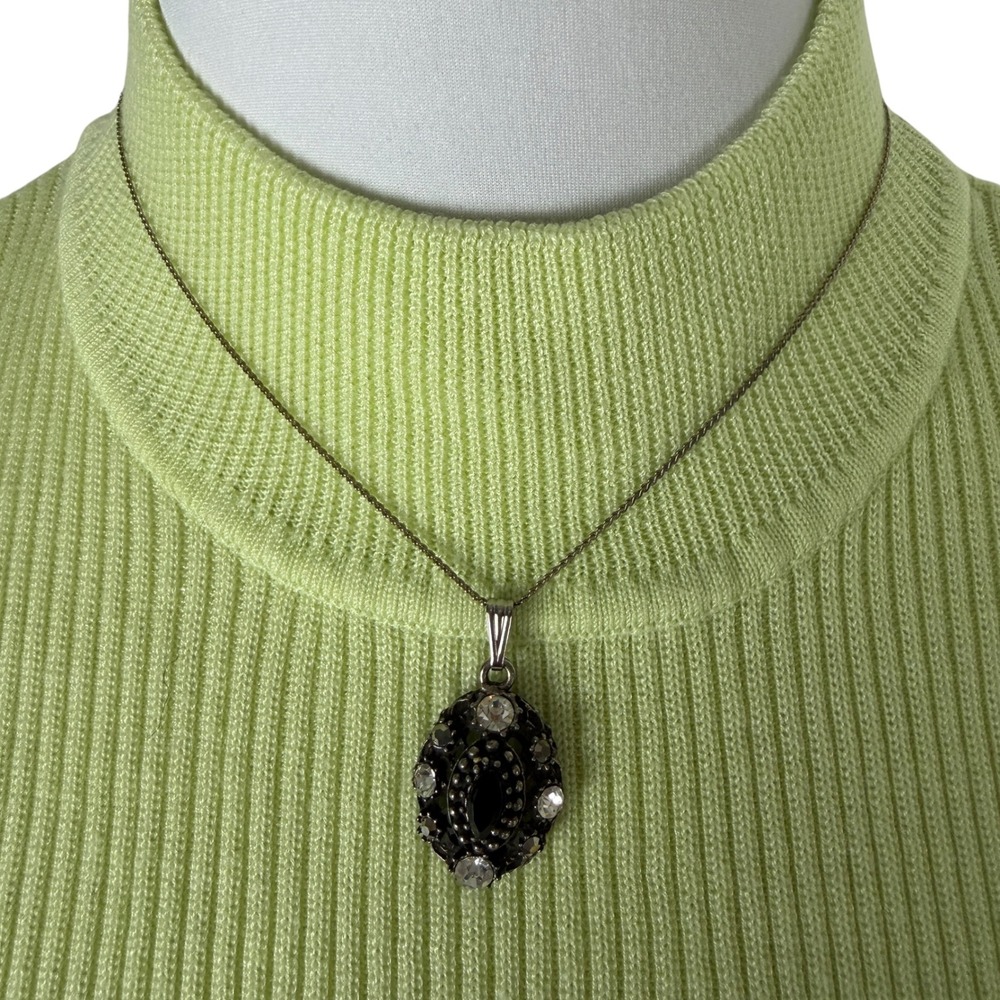 Graziano Vintage Style Black Rhinestone Oval‎ Pendant Necklace Silver Tone 18"